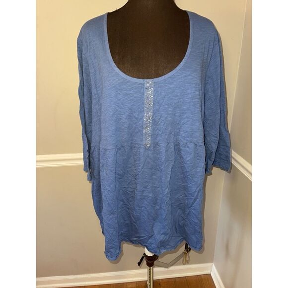 Avenue The Headline Henley Plus Size Blue 3/4 Sleeve‎ Sequins Detail Shirt 30/32 - Picture 1 of 5